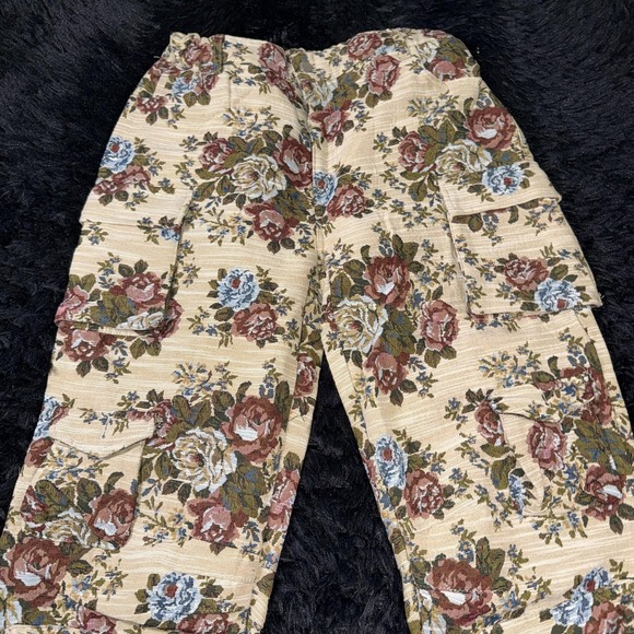 Daisy Pants Womens Large Beige Cargo Floral Tapestry Multi Pocket Adjustable - Picture 2 of 14